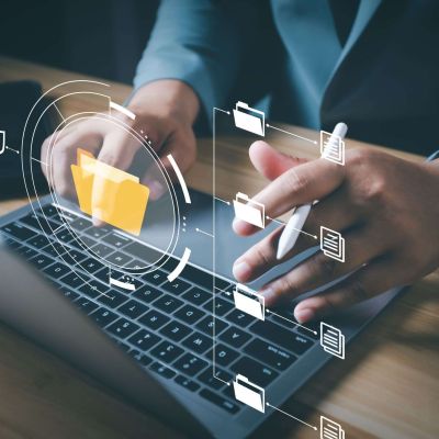 Document Management System (DMS), Businessman using digital documents to search, store, archive and manage and to reduce paper. Solution for paperless office. Digital business security process.